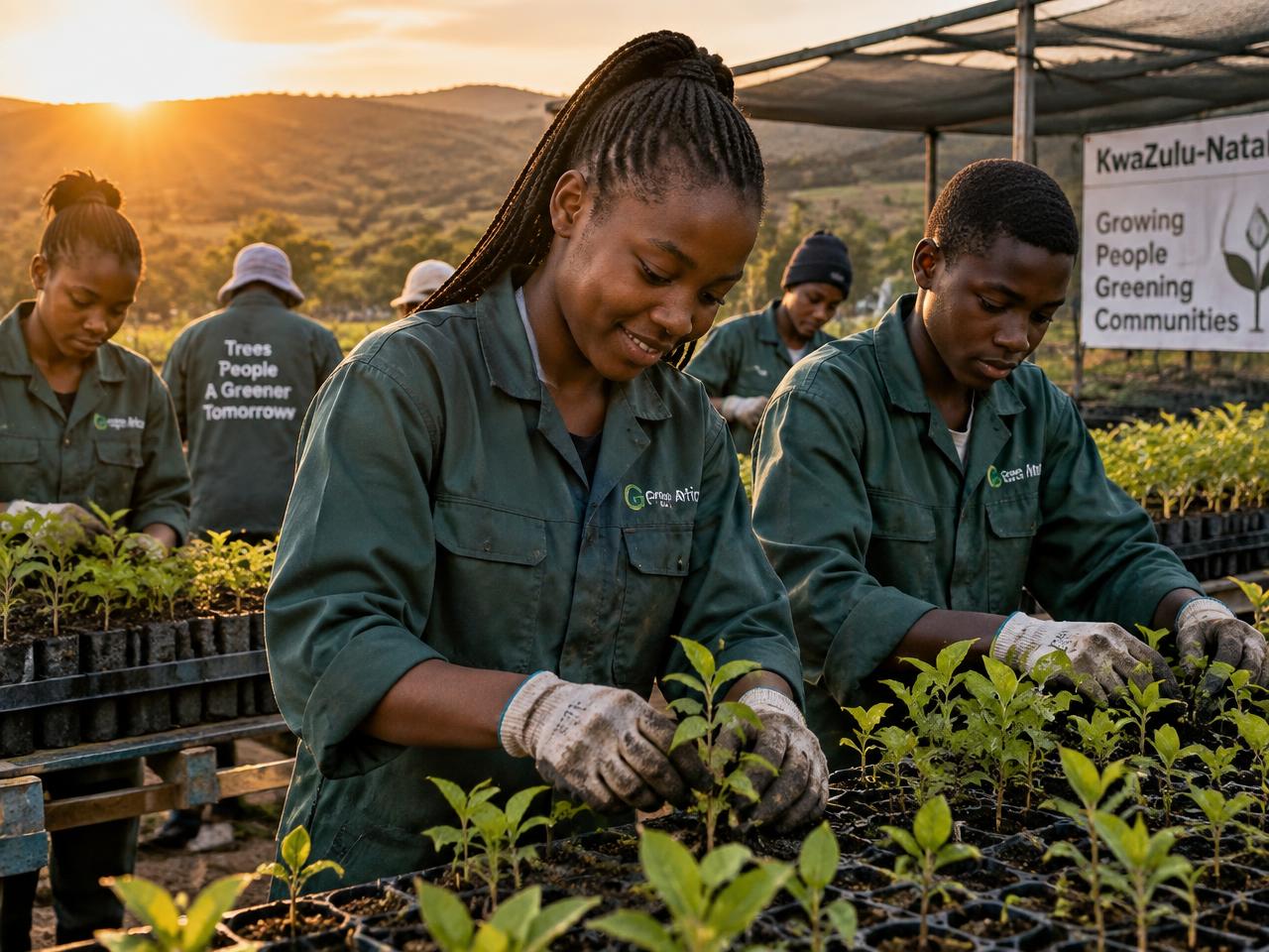 Agriculture learnership learners working with seedlings at a plant nursery in KwaZulu-Natal