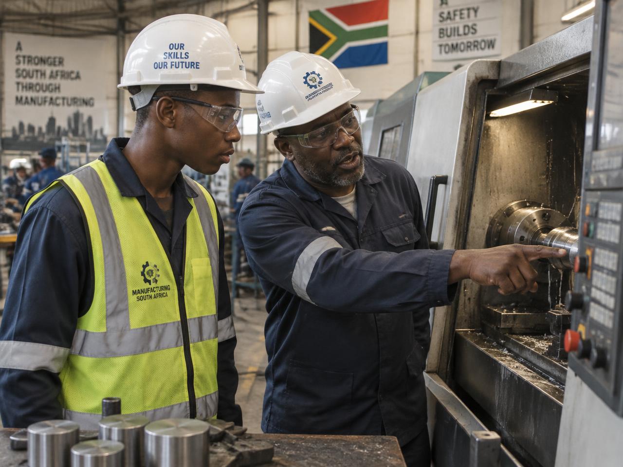 Manufacturing learnership learner in PPE being shown a machine process by a supervisor on a South African factory floor