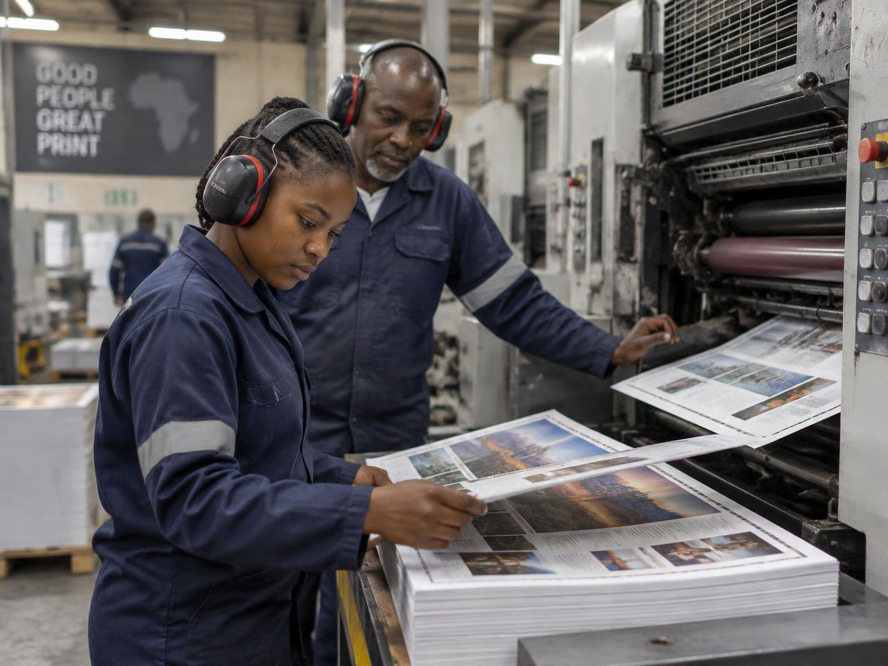 Printing learnership learner in ear protection checking sheets at an offset press in a South African print factory