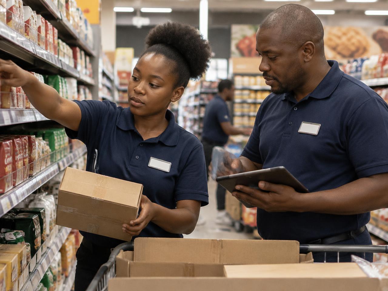 Retail learnership learner working through stock with a supervisor on a South African shop floor